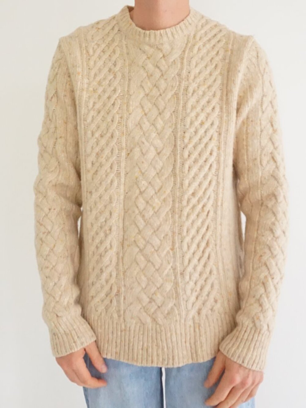 Express Cream Speckled Cable Knit Fisherman Aran Braided Cable Classic Sweater L